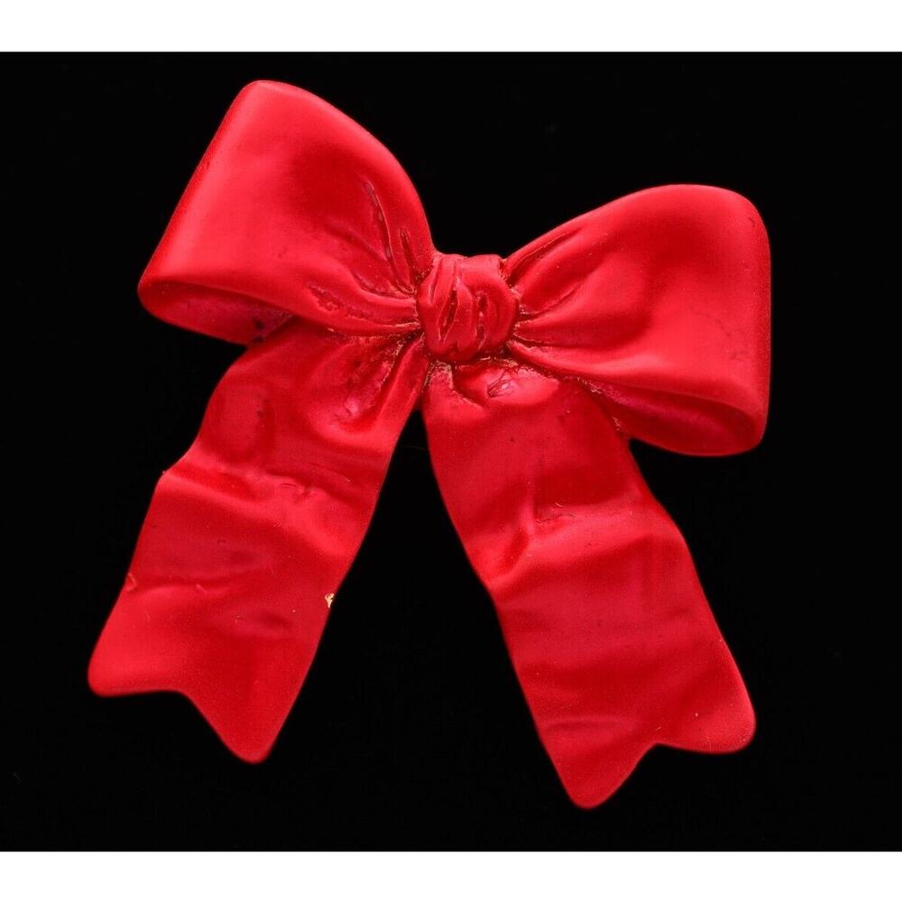 Danecraft Vintage Red Bow Pin Brooch Matte Ribbon Chunky Signed NOS 1980s BinA16